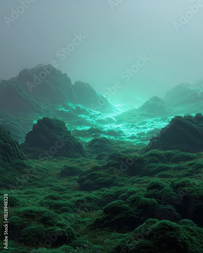 Ethereal Turquoise Glow Illuminating a Mysterious, Moss-Covered Mountain Valley at Twilight.