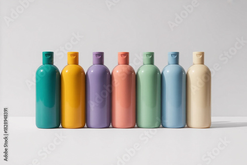 A set of colorful plastic bottles for cosmetic beauty and hygiene care, isolated on white