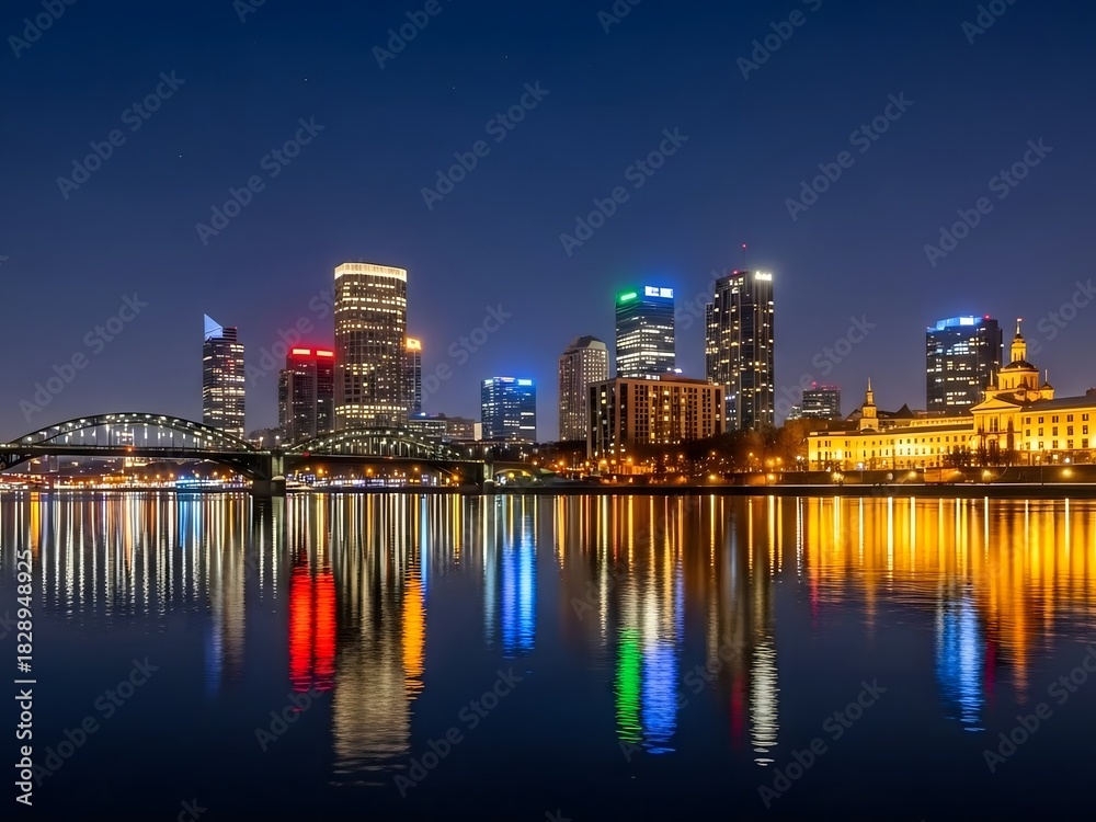 Fototapeta premium Night City Skyline with Illuminated Modern Skyscrapers Reflected in Water