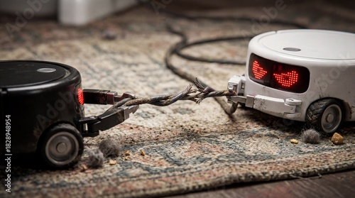 Two small robots are connected by a dangerously frayed and twisted power cable.