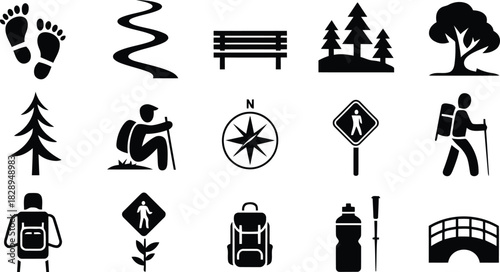 A comprehensive collection of black silhouette icons representing various outdoor hiking and nature activities
