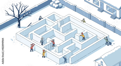 Isometric Snow Maze with People Playing in Winter, Creative Adventure
