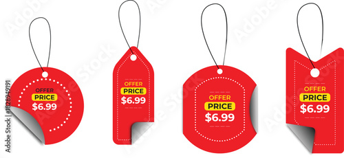 A set of realistic red price tags with a peel-off corner effect. Vector graphic collection of discount labels for retail promotion