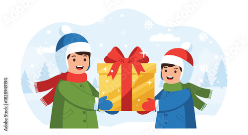 Two children in winter clothing exchange a gift box with a red bow during a snowfall, symbolizing the spirit of giving and celebration during the festive season