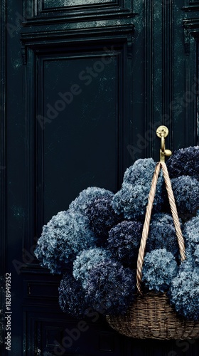a basket of blue hydrangeas in front of an old, dark navy door