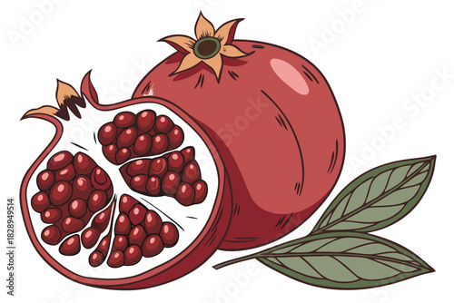 ripe red pomegranate fruit illustration with cut open seeds arils and green leaves botanical artwork