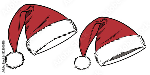 two red santa claus hats with white fur trim and pompom christmas holiday headwear illustration