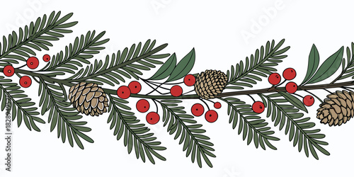 christmas evergreen garland with red berries pine cones and holly leaves festive holiday border decoration