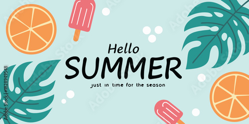 hello summer banner with tropical leaves orange slices popsicles on light blue mint background illustration