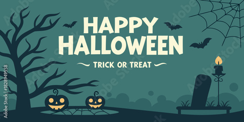 happy halloween banner with spooky graveyard scene jack o lanterns tombstone and bare trees illustration