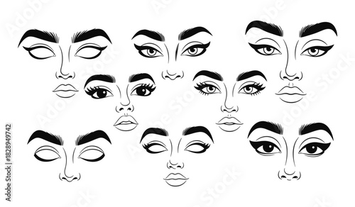 Black and White Line Art Illustrations of Diverse Female Eyes and Lips Keywords: eyes, lips, face, female, woman, beauty, makeup, eyeliner, mascara, eyelashes, eyebrows, wink, expression, fashion