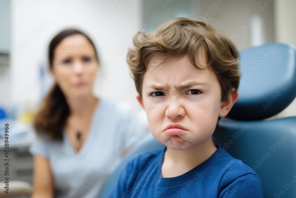 Fototapeta premium Angry little boy frowning at the dental clinic