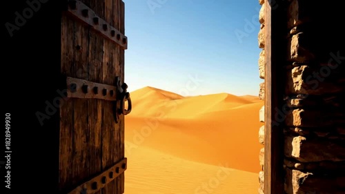 Open ancient wooden door reveals vast sunlit desert dunes under a clear blue sky.