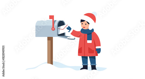 A young boy in warm winter clothes sends a letter, placing it into a classic mailbox standing in the snow