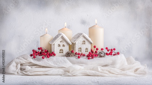 a christmas table centerpiece decoration, featuring cozy little houses with lights and snow on top