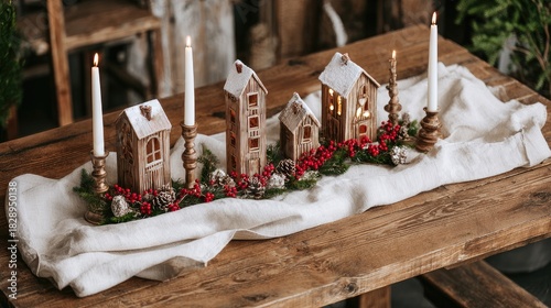 a christmas table centerpiece decoration, featuring cozy little houses with lights and snow on top