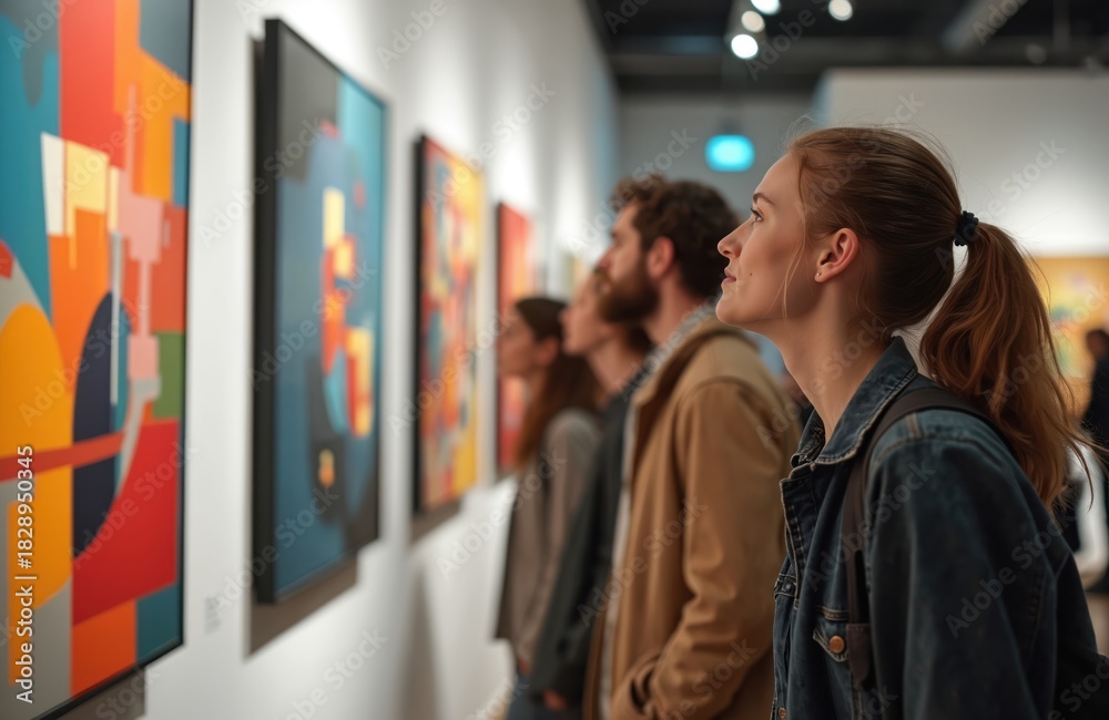 Naklejka premium People observe colorful abstract paintings on gallery wall. Friends admire modern art in exhibition hall. Visitors view artwork, enjoying creative display of canvas.