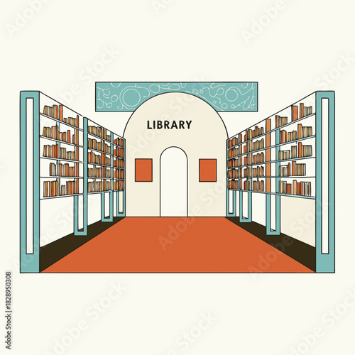 A stylized illustration of a library interior with tall bookshelves filled with books on either side of an arched doorway