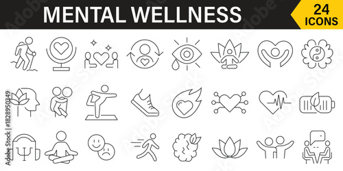 Mental wellness line icon set. Psychology, containing depression, panic, mindfulness, meditation, and more symbols pack. Vector illustration.
