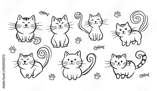 Cute Hand Drawn Cats With Fishbones And Paw Prints In Sketchy Style kitten feline