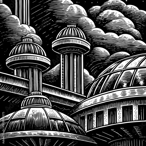 Dramatic black and white engraving style illustration of monumental architecture with domes and towers against a cloudy sky
