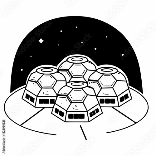 Futuristic geodesic dome colony structures on an alien planet surface under a starry night sky