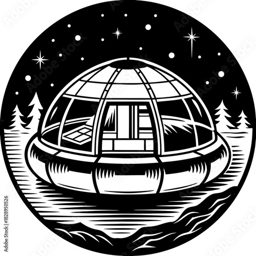 Futuristic geodesic dome dwelling nestled in a snowy landscape under a starry night sky