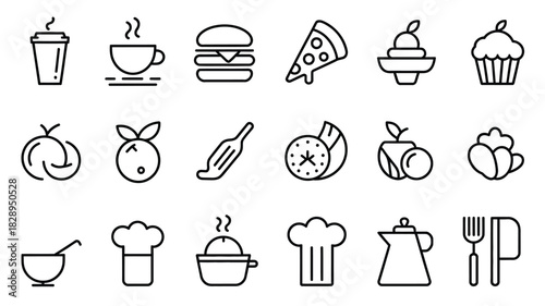 Minimal Food & Kitchen Line Art Icons Coffee, Burger, Pizza, Utensils Outline Vector Set 