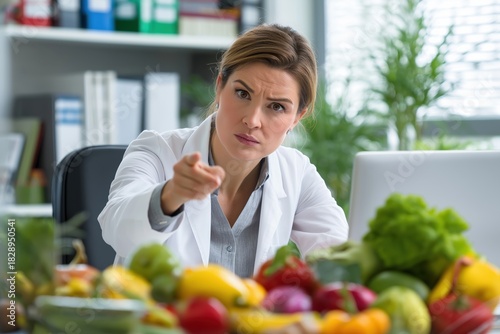 Strict female dietician pointing angrily at the camera