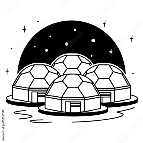 Futuristic geodesic dome settlement under a starry night sky with a large celestial body overhead