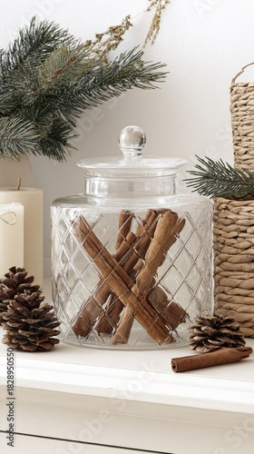 a glass vase with pine branches, cinnamon sticks