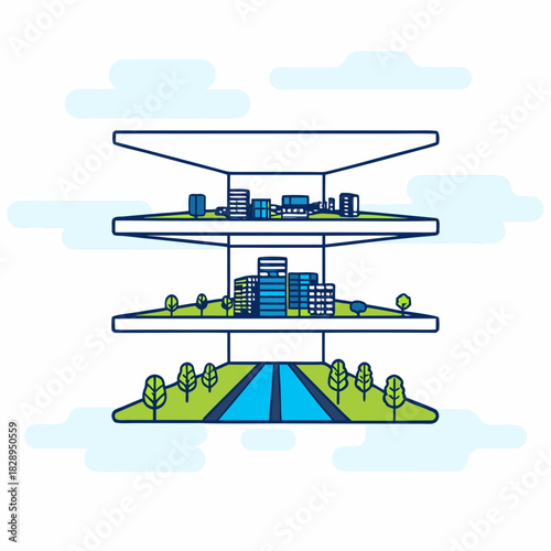 Futuristic layered city concept with buildings and green spaces on elevated platforms