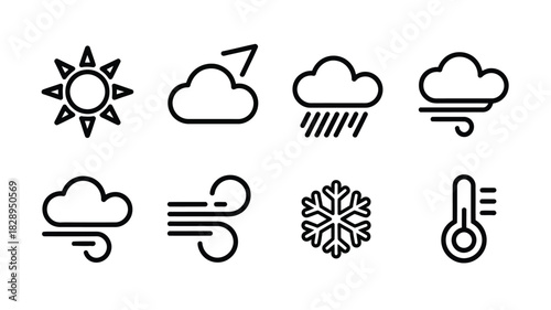 Minimal Weather Line Icons – Sun, Cloud, Rain, Snowflake & Wind Outline Symbols