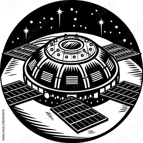 Futuristic space station with solar panels orbiting a planet against a starry night sky