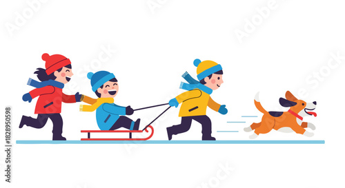 Joyful children and their playful dog enjoying an exciting winter day adventure, running and sledding together in the snow