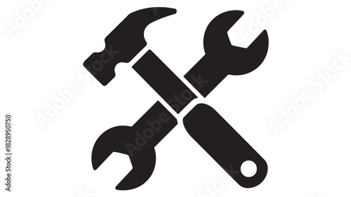 Crossed hammer and wrench icon simple flat vector glyph isolated on white background for construction or repair services