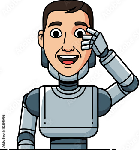 The robot puts on a mask of a human face, hiding its essence. The concept of AI stealing ideas, copyright infringement, and substituting a neural network for a living author.