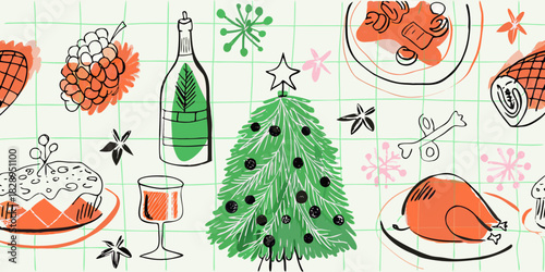 Festive illustration showcasing holiday food drink and christmas tree elements