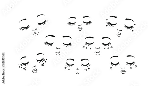 Stylized Hand Drawn Eyes Lips and Faces with Stars and Hearts illustration drawing