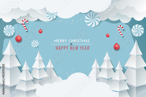 Paper cut christmas scene with trees candy canes and festive ornaments