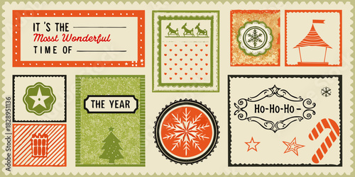 A collection of vintage inspired christmas themed postage stamps and decorative elements