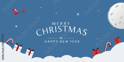 Festive christmas scene with santa moon gifts and a new year greeting