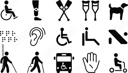 A comprehensive set of black icons illustrating various aspects of accessibility and disability support