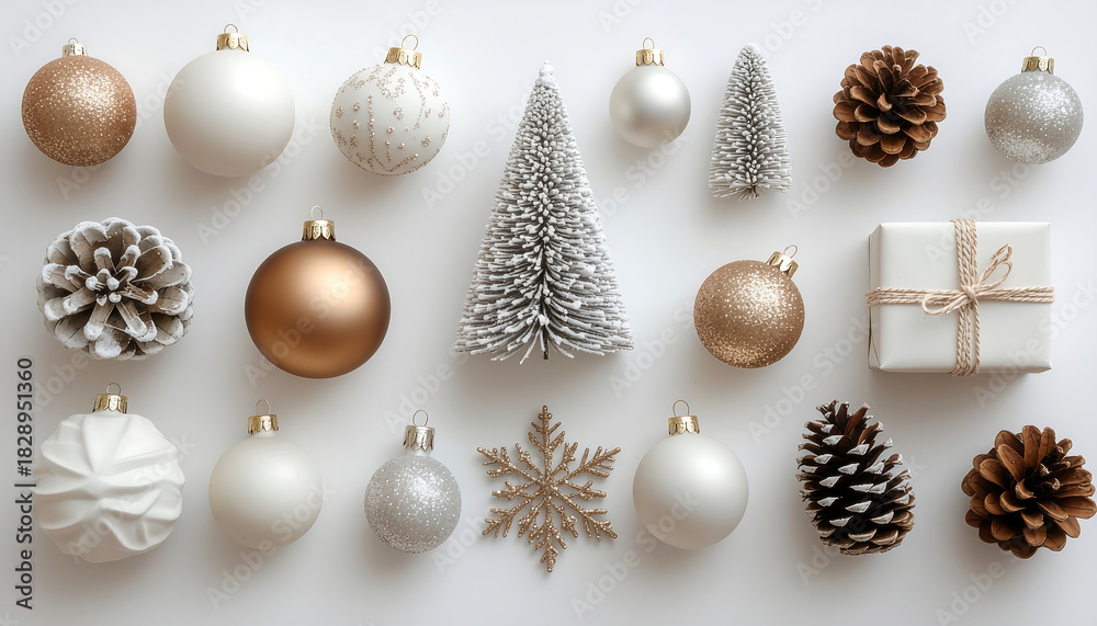 Fototapeta premium Snowflake ornament, gold and white bauble, frosted pine cone and wrapped gift evoke cozy elegant holiday celebration