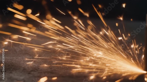 Abstract close-up of bright orange sparks flying from a grinding wheel, creating a mesmerizing light effect against a dark background