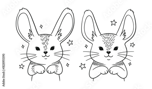 Two Cute Hand Drawn Bunny Faces with Big Ears and Stars on White Background Keywords: bunny, rabbit, face, cute, cartoon, drawing, sketch, illustration, animal, ears, big ears, whiskers, happy