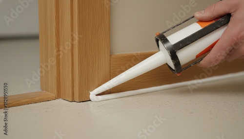Photos Applying sealant with a caulk gun to a baseboard joint for a clean finish