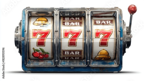 A vintage slot machine with three reels features classic symbols like cherries and bars. The machine is located in a lively gaming venue inviting players to try their luck.