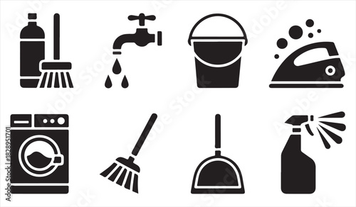 Household cleaning silhouette icons including mop, bucket, spray bottle, washer, and dustpan