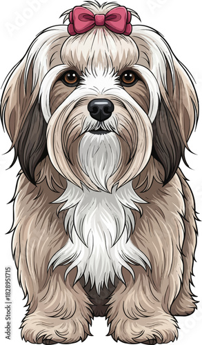 Havanese dog standing facing front wearing cute bow